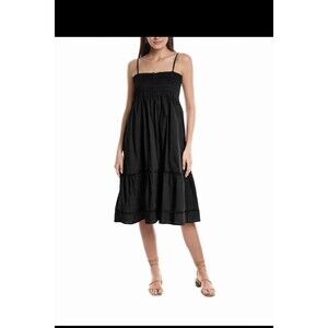 O.P.T. Smocked Midi Dress Tiered Sundress Black Size M